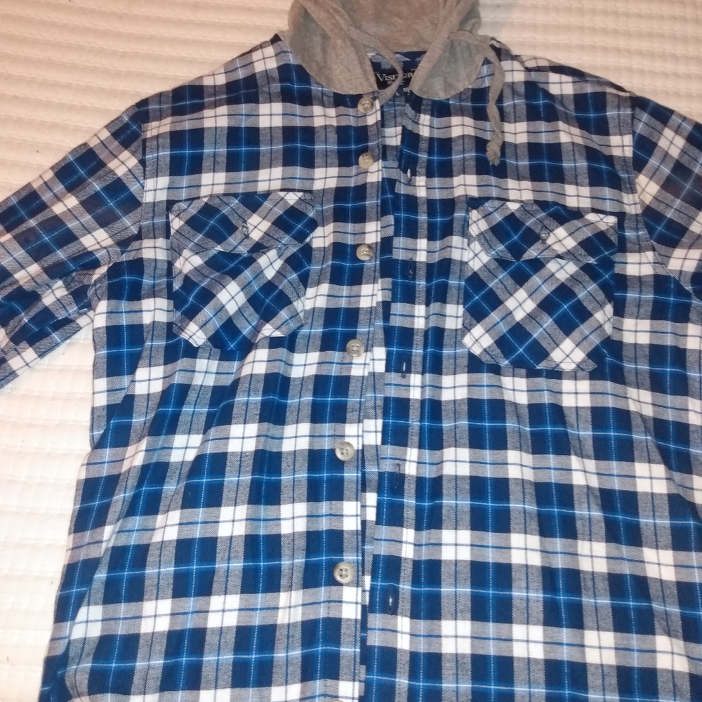 Men's flannel button up with hood. Size large. Like new. Light wieght